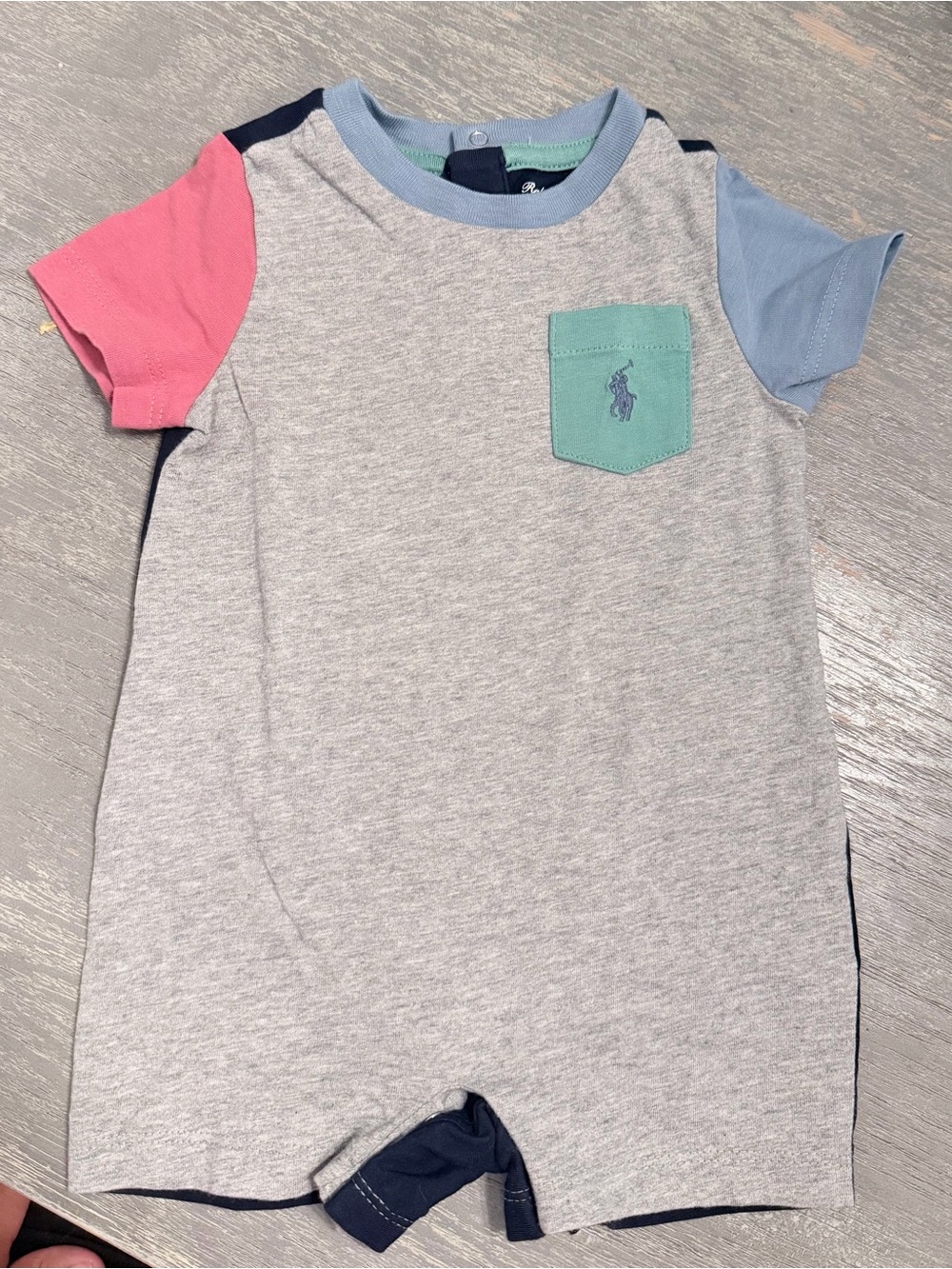 Ralph Lauren Baby Colorblock Pocket Romper - Gray with green & Blue size 3 month - Picture 2 of 5